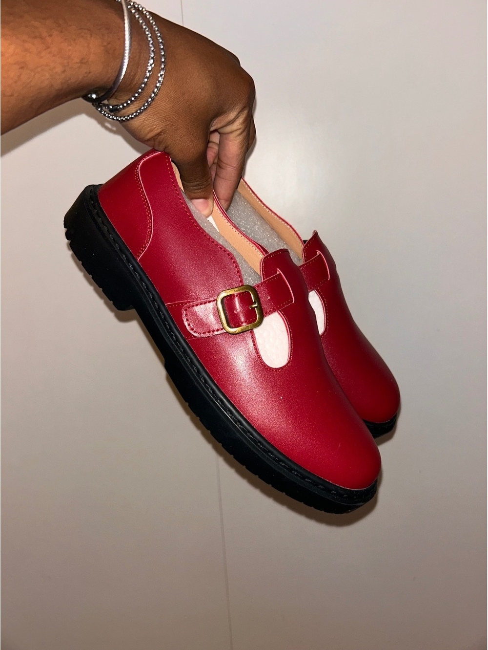 Women's Red Buckle Strap Mules with Black Sole